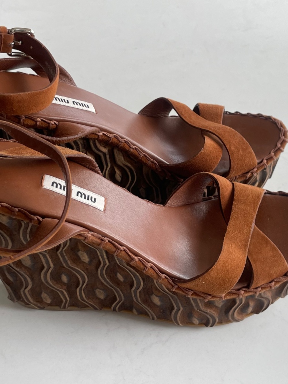 Miu Miu Cognac Suede Wavy Carved Wooden Wedge Platform Sandals Size 38